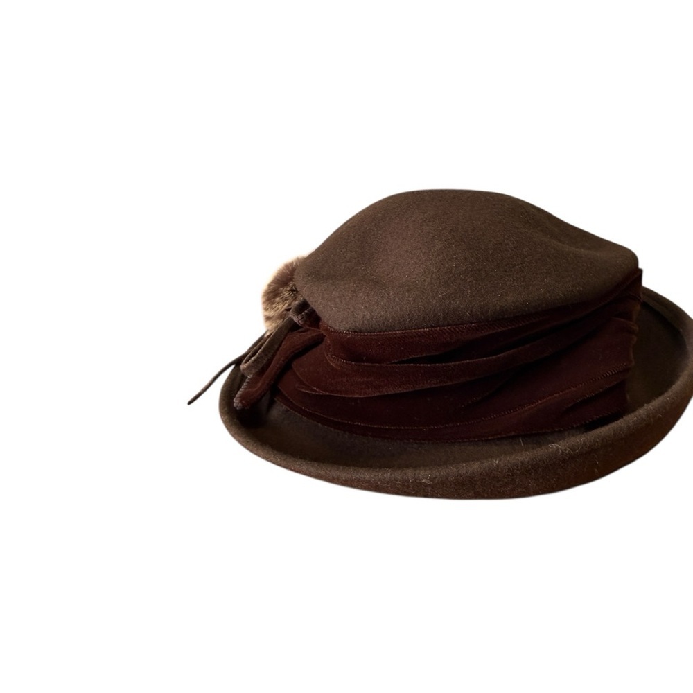 Galliano Sorbatti 100% Wool Hat Women's One Size Faux Fur Italy Brown - Picture 3 of 9